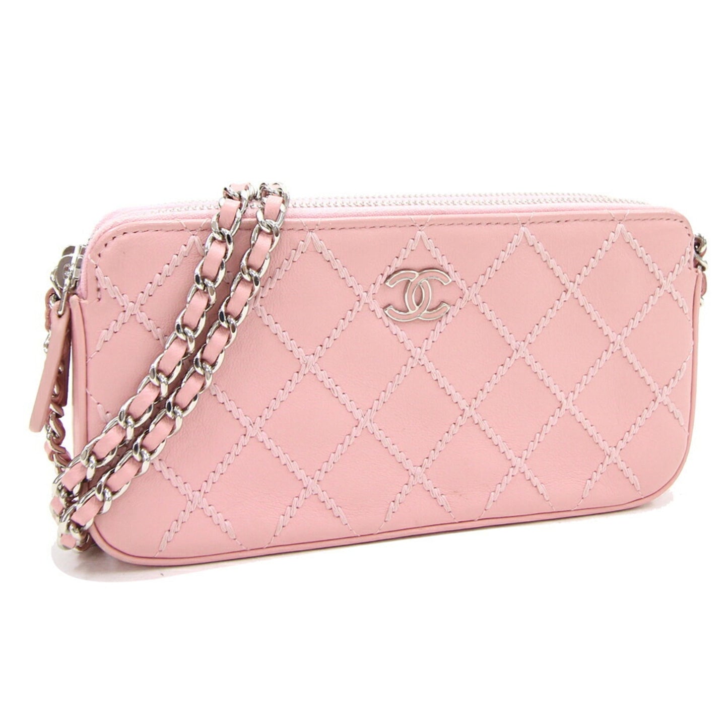 CHANEL Chain Wild Stitch A82527 Pink Leather Shoulder Women's Bag Matelasse Quilting Cocomark Long Wallet