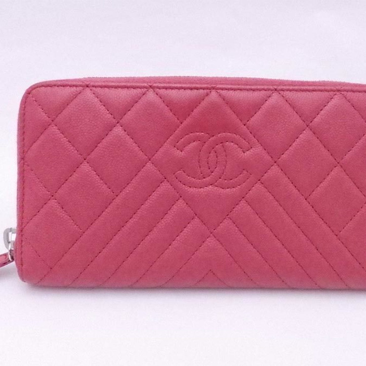 Chanel Long Wallet Matelasse V Stitch Pink Caviar Skin Leather Women's