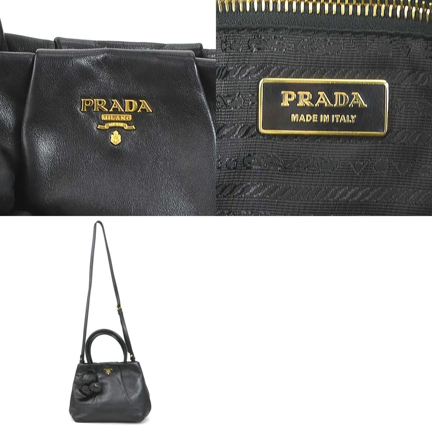 PRADA handbag shoulder bag leather black gold ladies