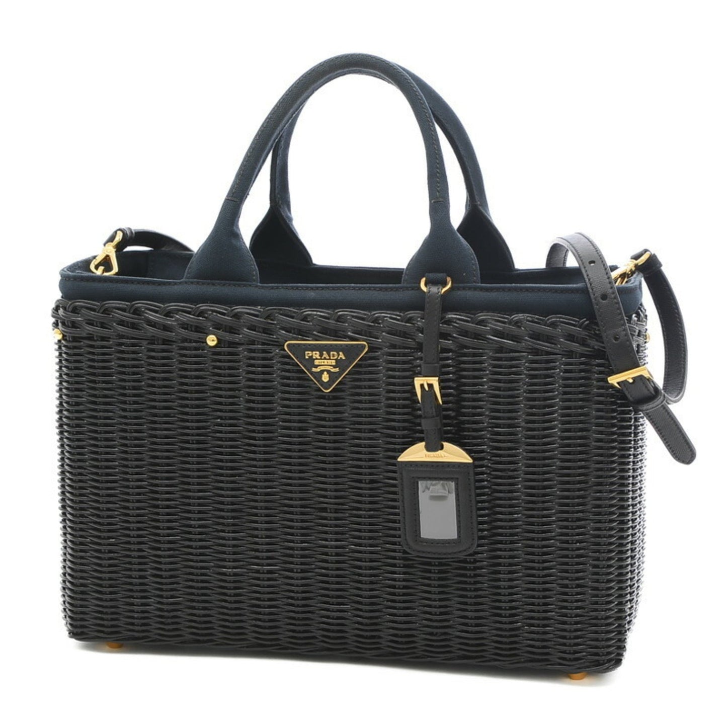 PRADA Basket Bag 2Way Rattan/Canvas Black/Navy BN2834