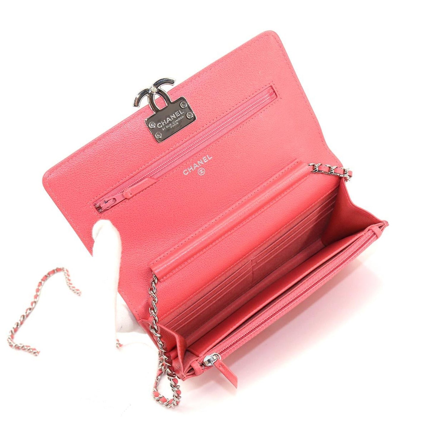 Chanel chain wallet folio long leather pink here mark silver metal fittings Chain Wallet