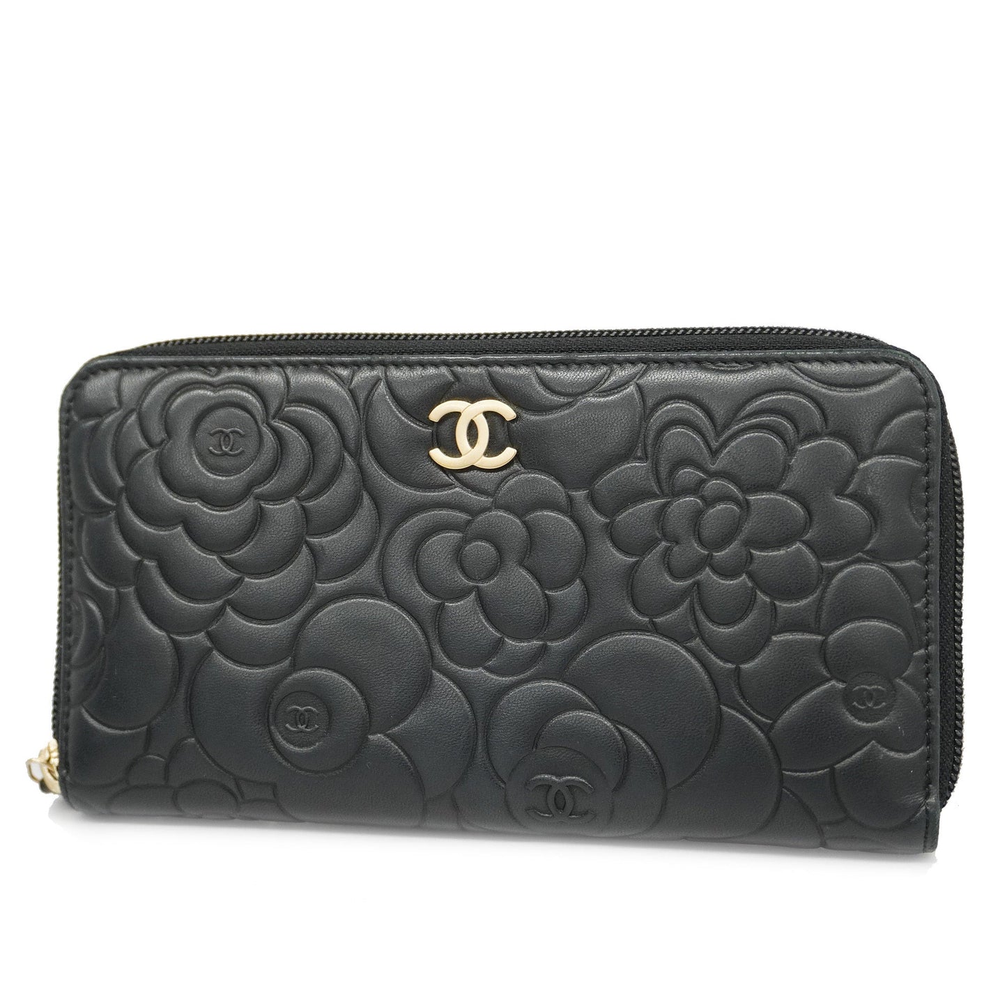 CHANEL  Camellia Long Wallet [bi-fold] Gold Hardware Women's Lambskin Black