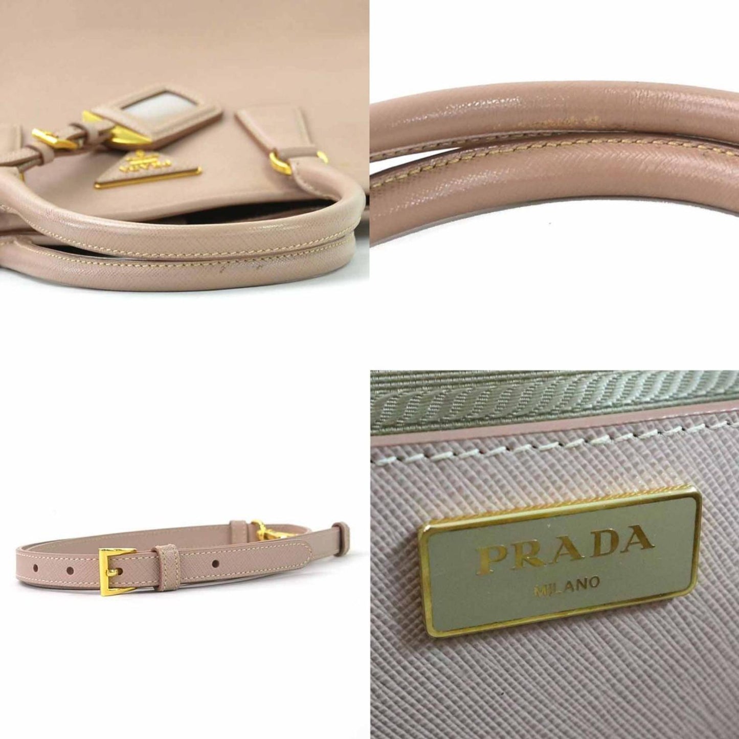 Prada handbag shoulder bag logo leather pink beige gold ladies