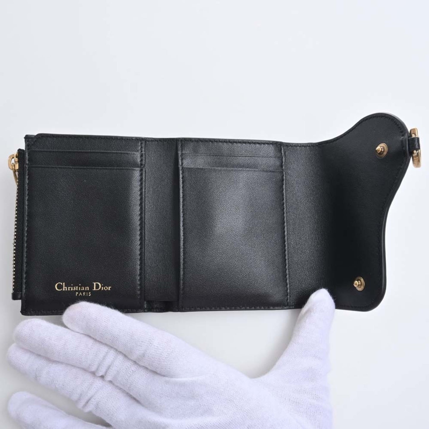 CHRISTIAN DIOR Leather Saddle Lotus Trifold Wallet Black Ladies