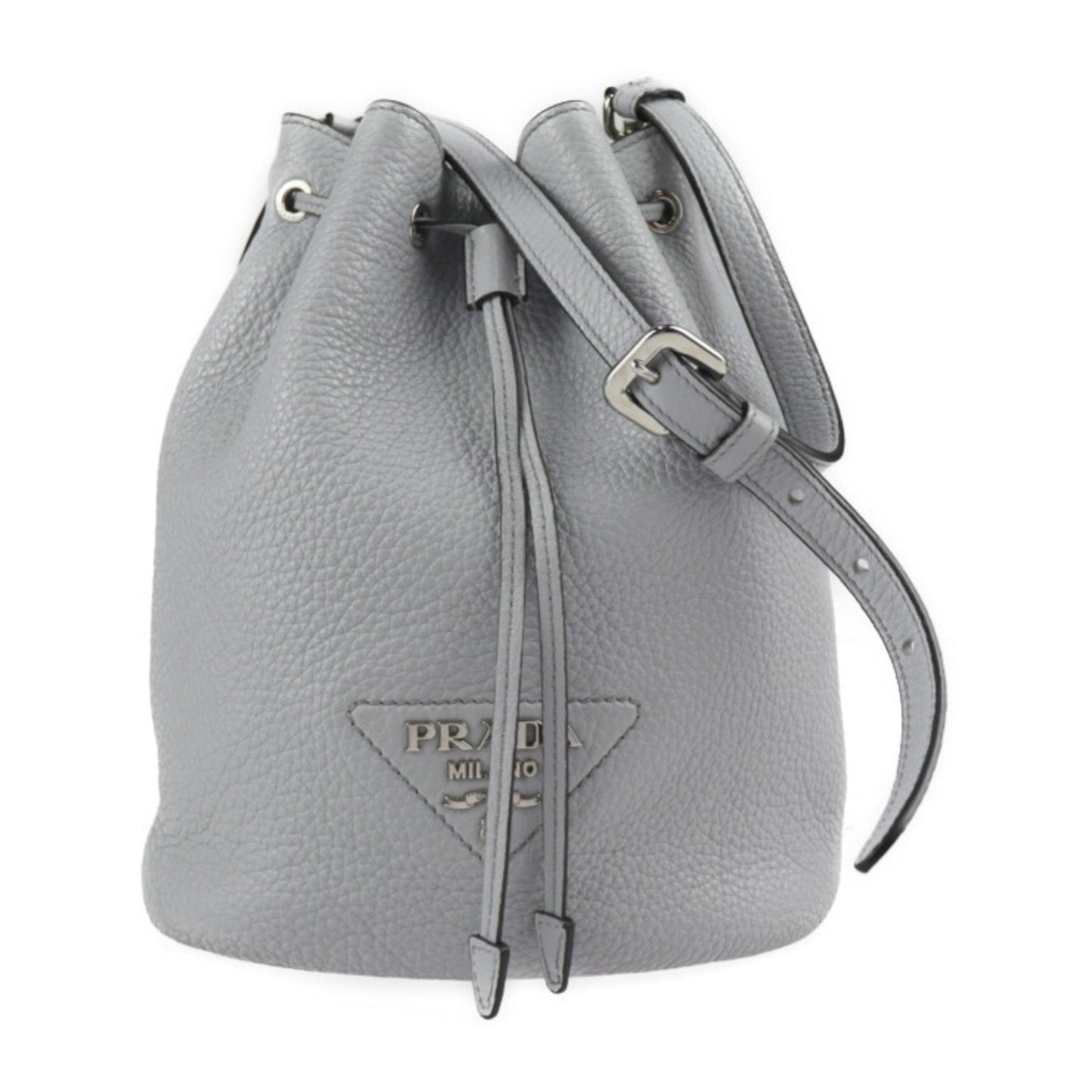 PRADA Shoulder Bag 1BE060 Leather Gray Silver Hardware Drawstring Triangle Logo Plate