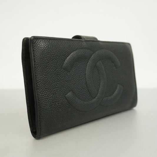 CHANEL[3cc2399] Auth  long wallet caviar skin black gold metal