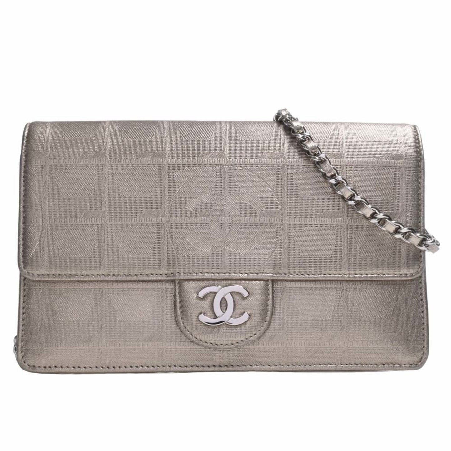 CHANEL Nylon New Line Chain Shoulder Long Wallet Gold Women's