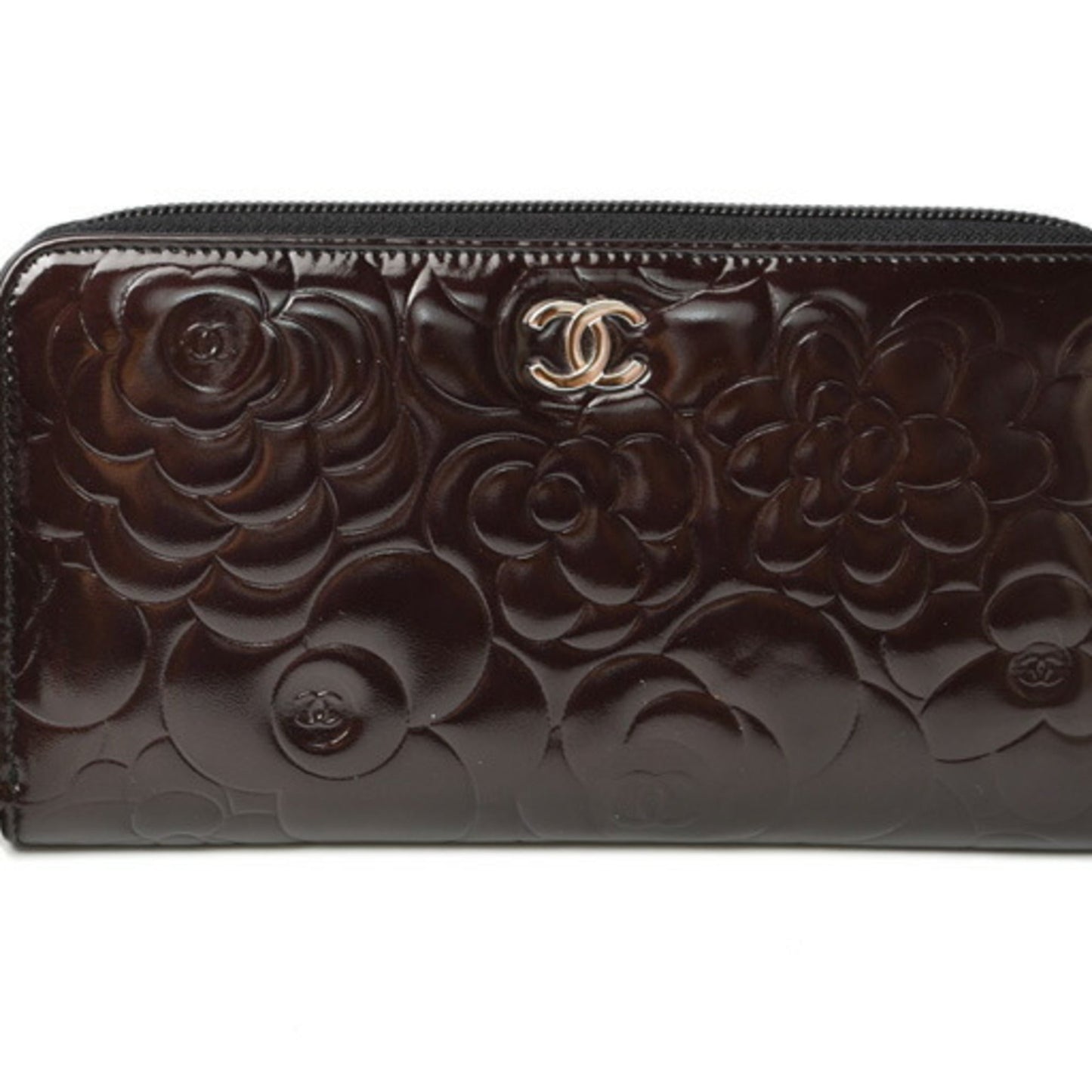 CHANEL long wallet round camellia A50085 dark brown silver