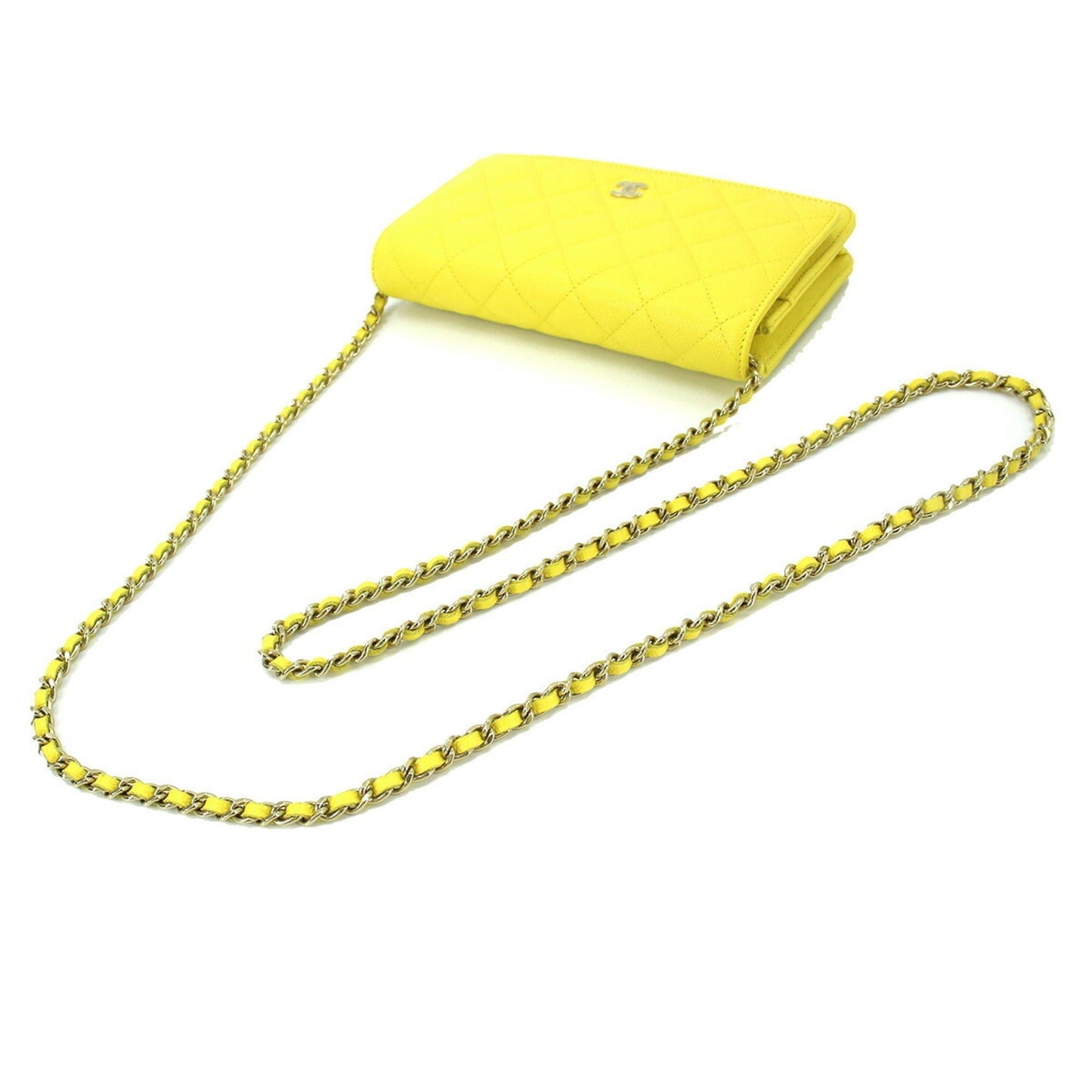 Chanel matelasse chain wallet long caviar skin yellow A33814 gold metal fittings