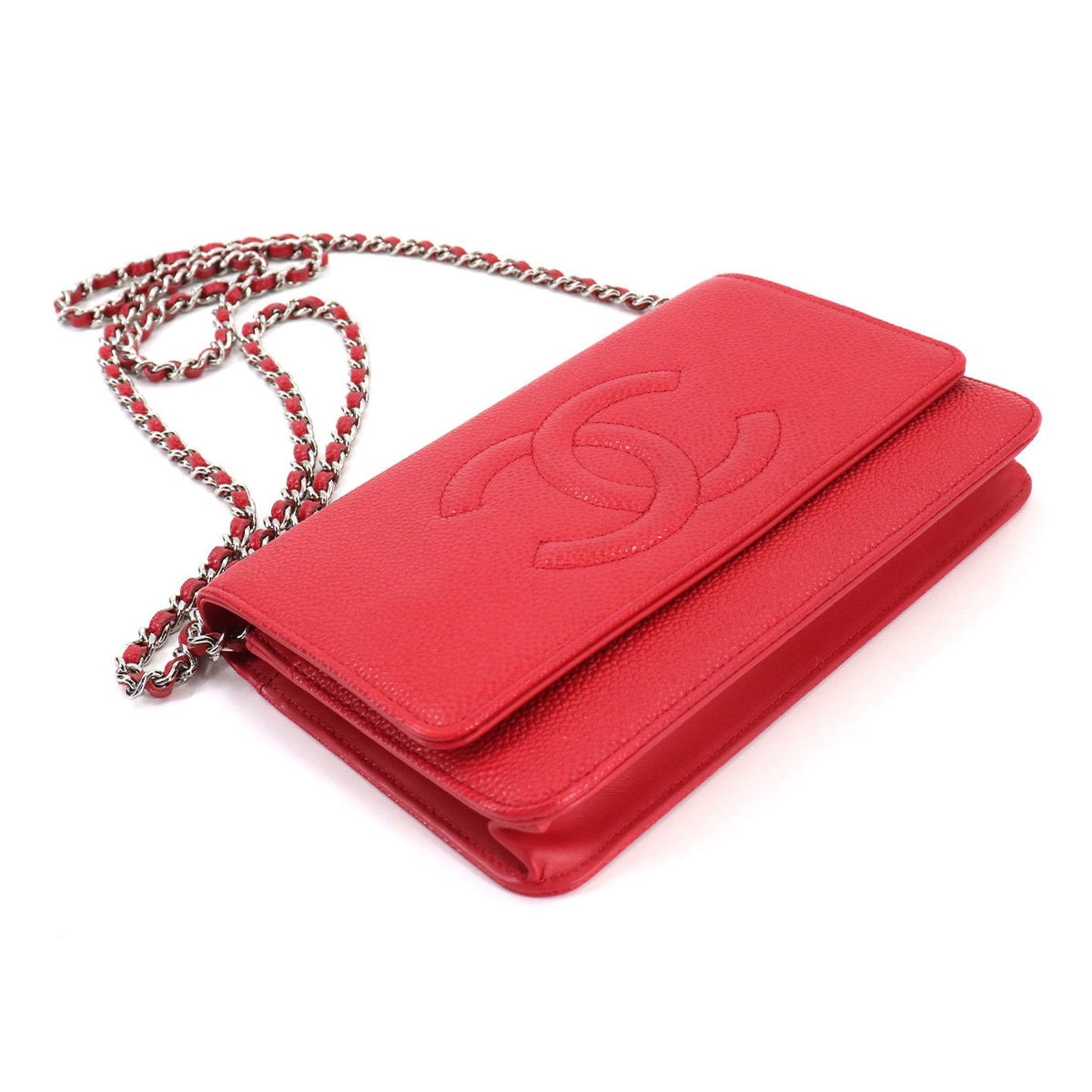 Chanel caviar skin chain wallet folio long leather red A48654 silver metal fittings Chain Wallet