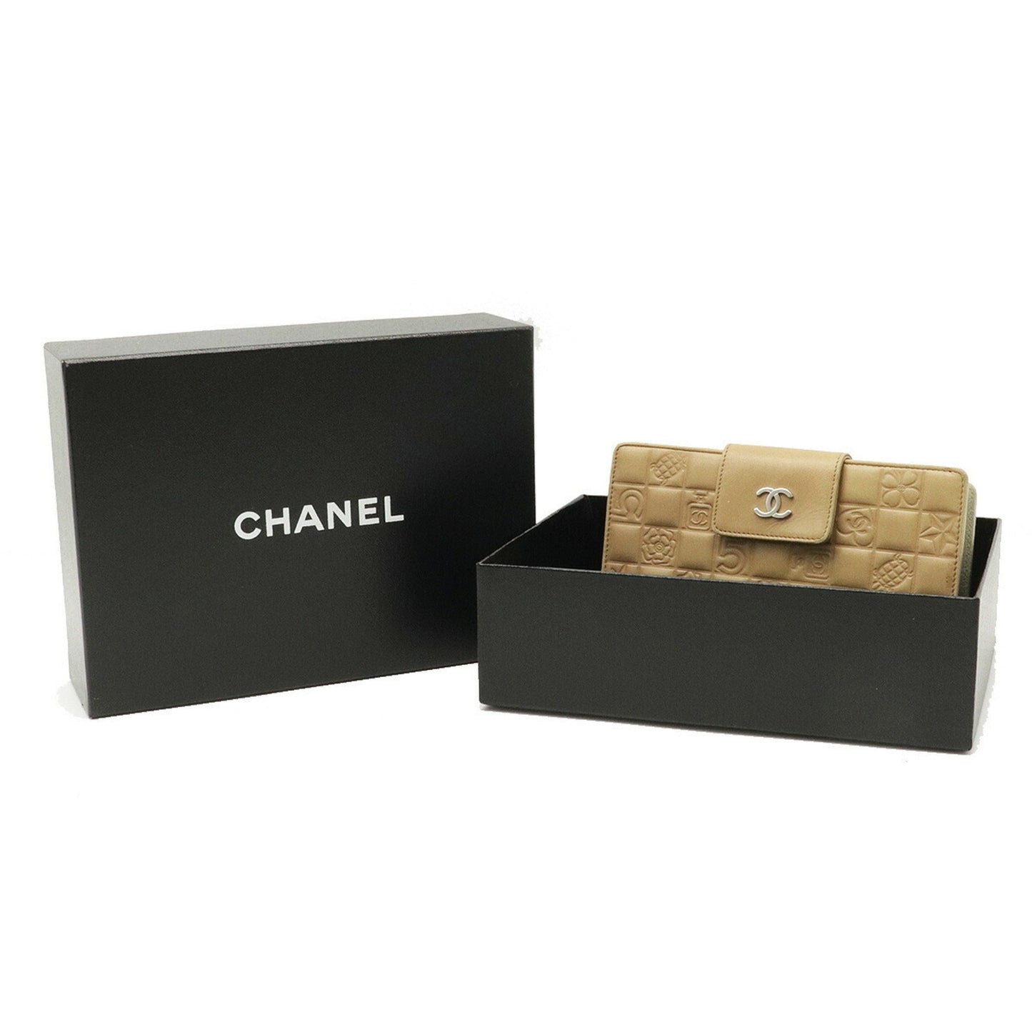 Chanel Icon Coco Mark Bifold Long Wallet Gamaguchi Leather Camel Beige A24213