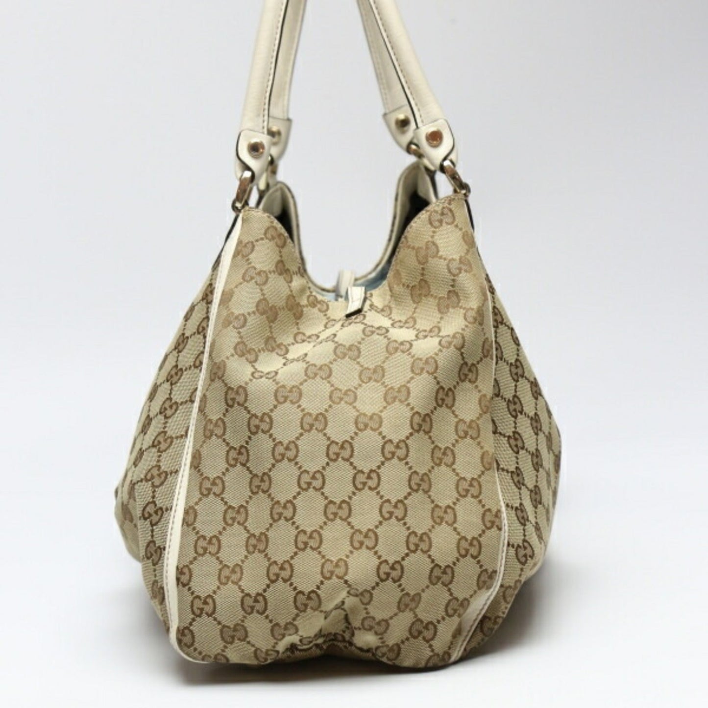 GUCCI Sookie Canvas x Calf GG 189835  Beige White Tote Bag