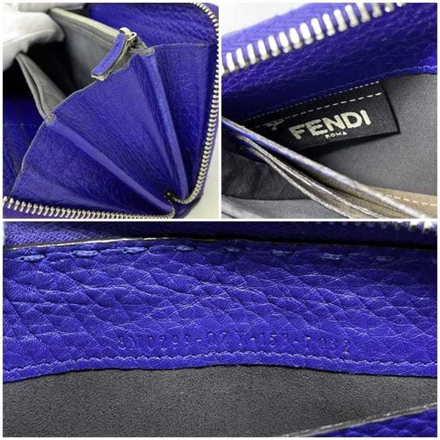 FENDI Round Long Wallet Blue Selleria Leather