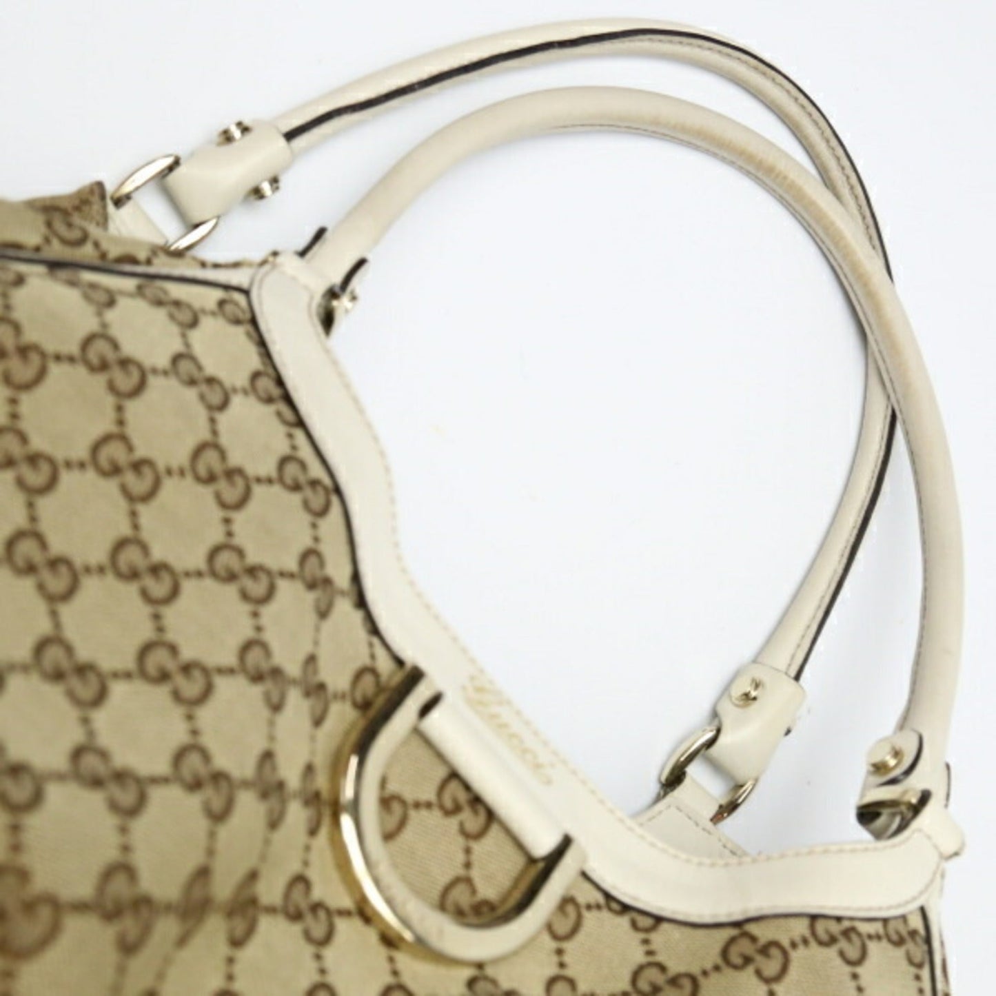 GUCCI Sookie Canvas x Calf GG 189835  Beige White Tote Bag