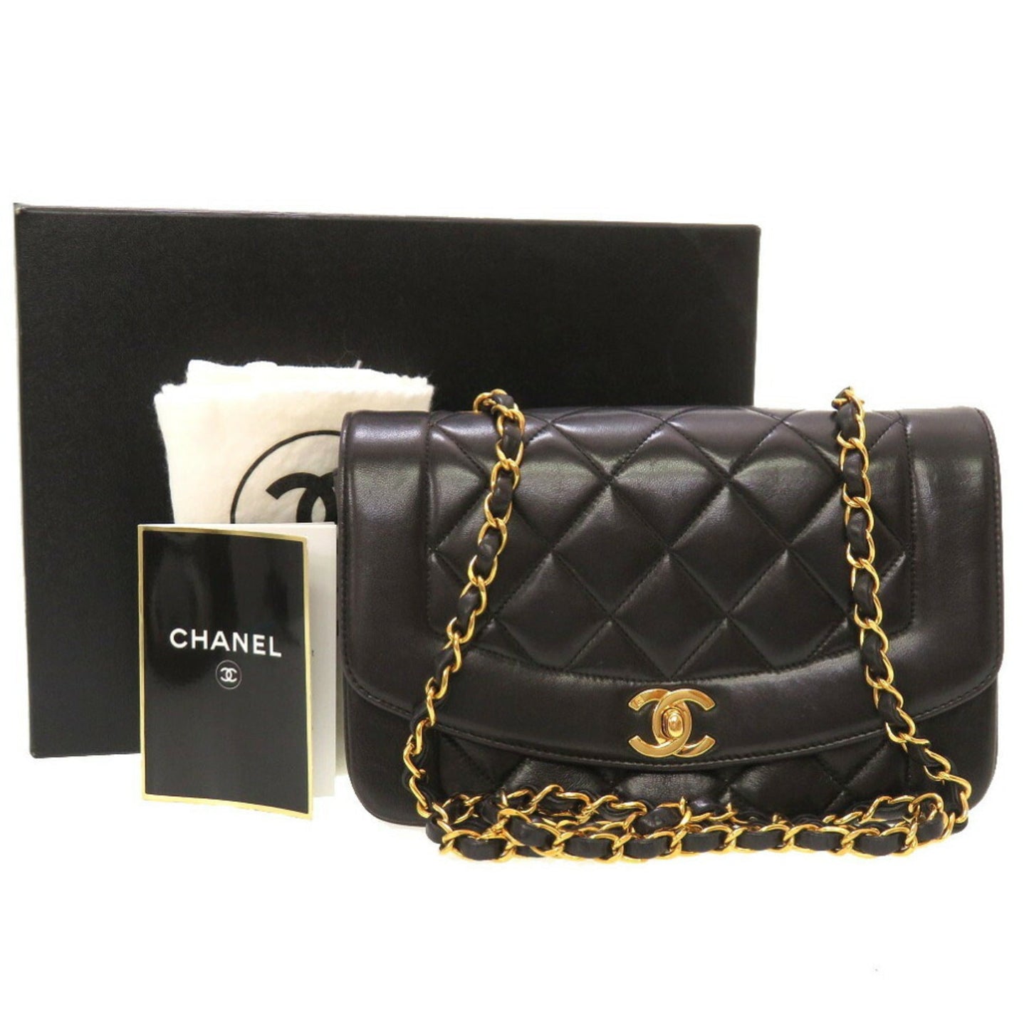 CHANEL Diana 22 Small Matelasse Lambskin Black Gold Chain Shoulder Bag No. 3 Coco Mark Turnlock