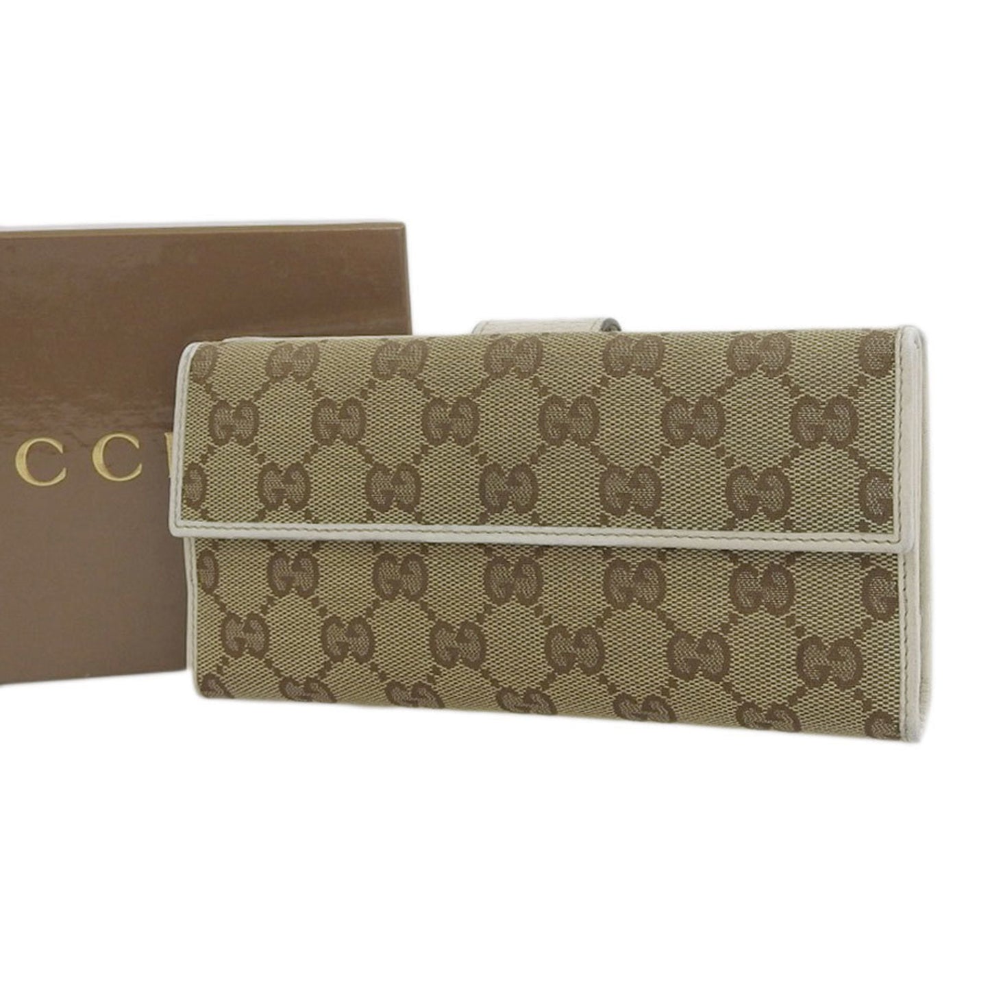 Gucci GG canvas long wallet with double hook leather brown white 212089