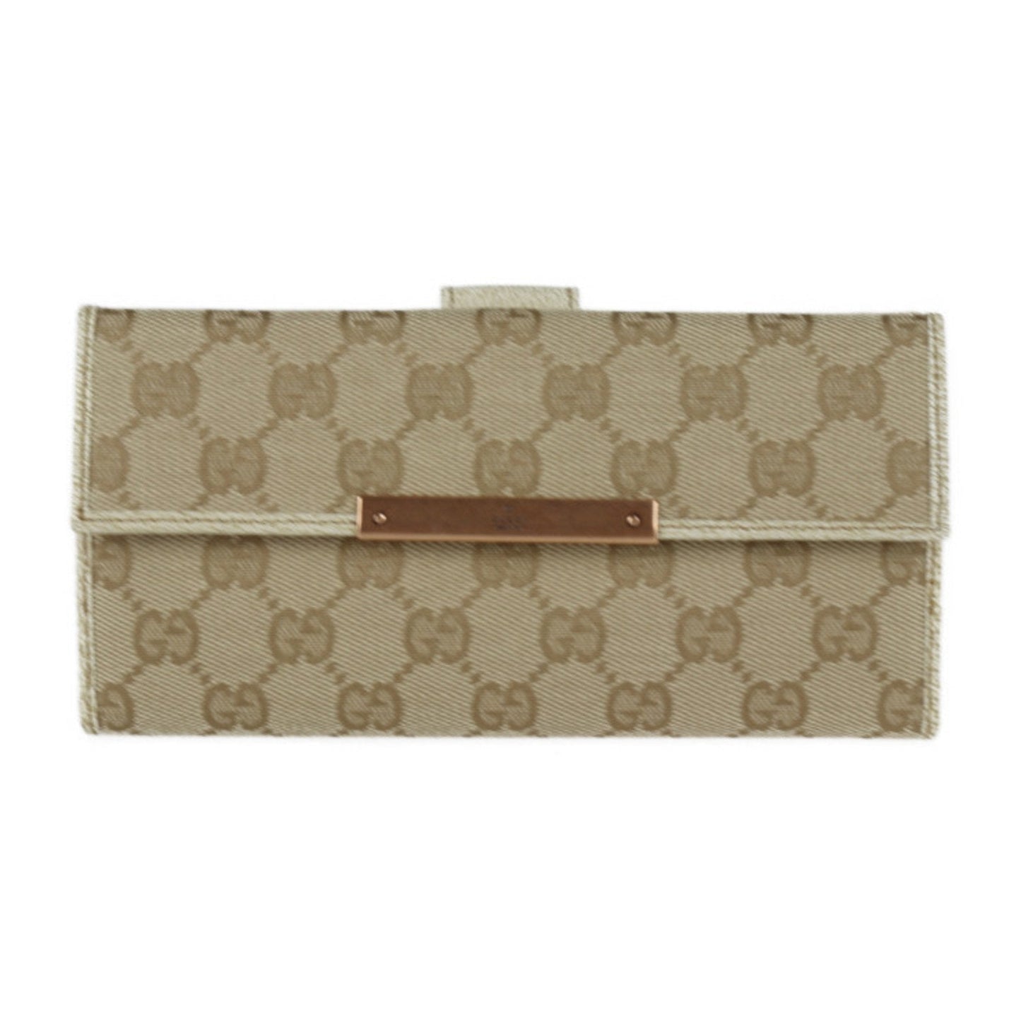 Gucci Bifold Wallet 112715 GG Canvas Leather Gold Beige Ivory Bronze Hardware W Hook Long Logo Plate