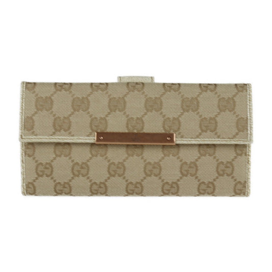 Gucci Bifold Wallet 112715 GG Canvas Leather Gold Beige Ivory Bronze Hardware W Hook Long Logo Plate