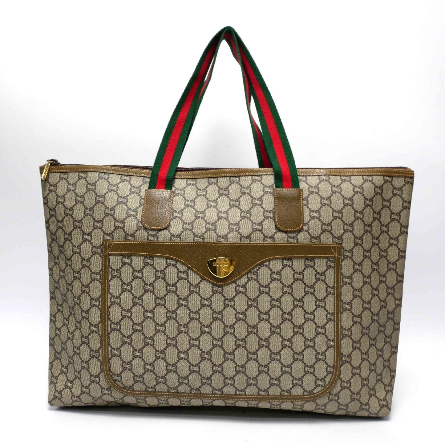 GUCCI Old GucciPLUS Plus Tote Bag Travel Boston Unisex 1970s 70'S GG Pattern Sherry Line/Pigskin Gold Hardware Brown/Beige