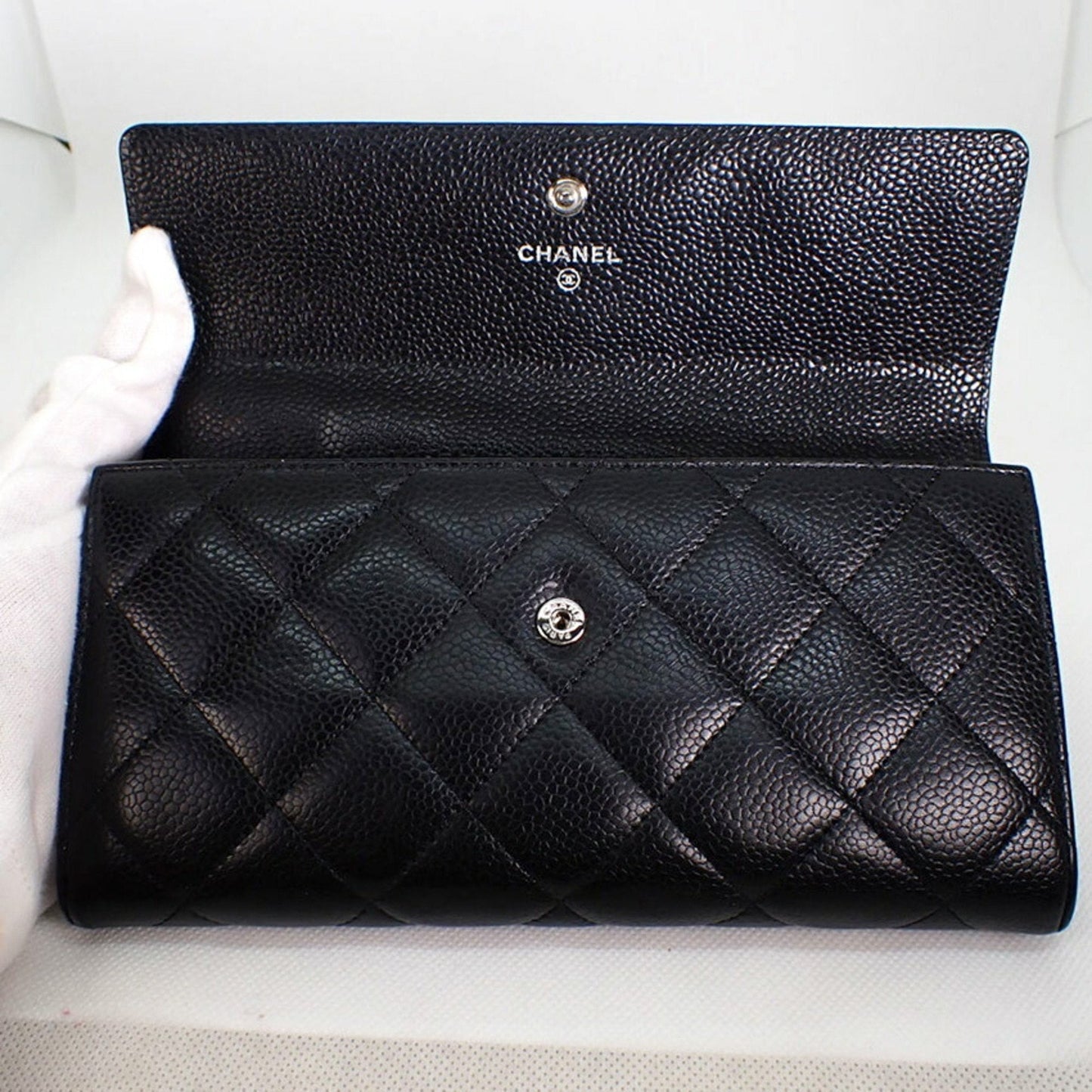 CHANEL caviar skin matelasse black long wallet