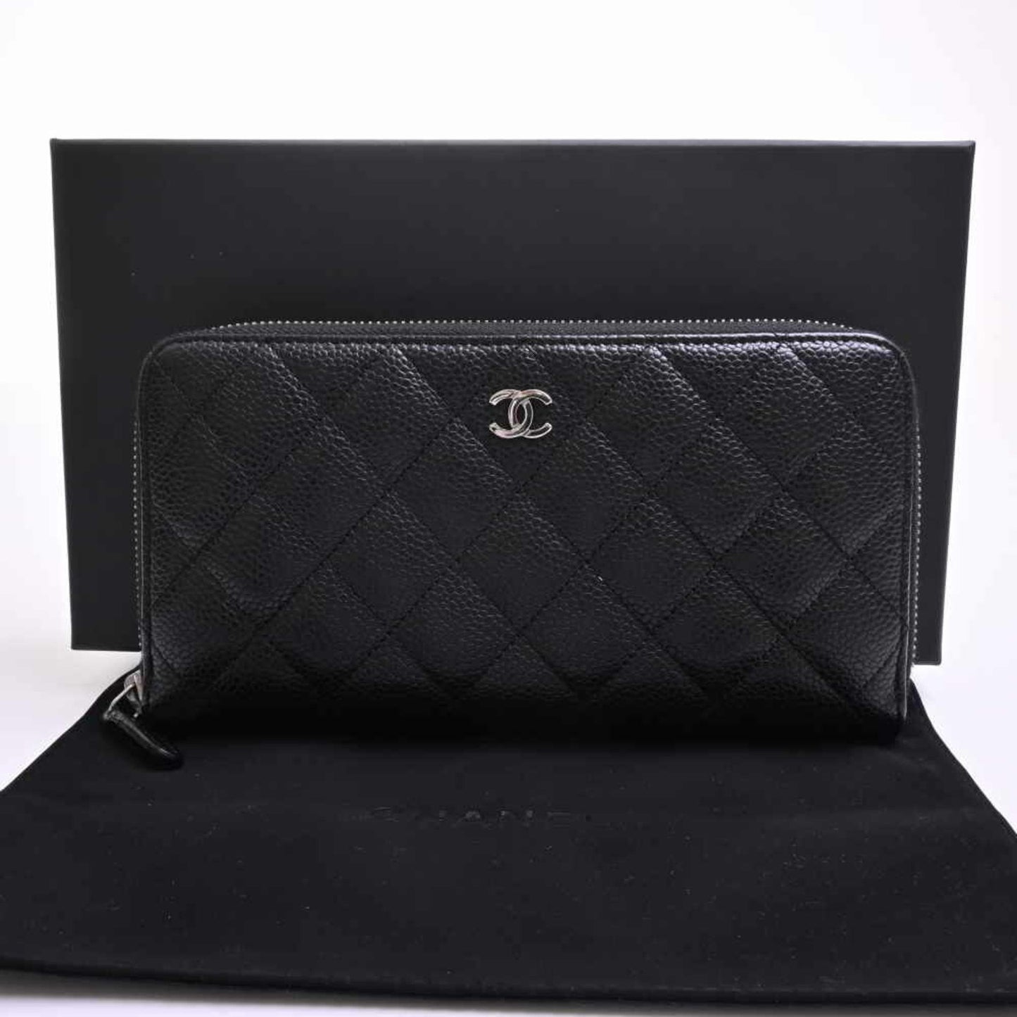 Chanel caviar skin matelasse here mark round long wallet black