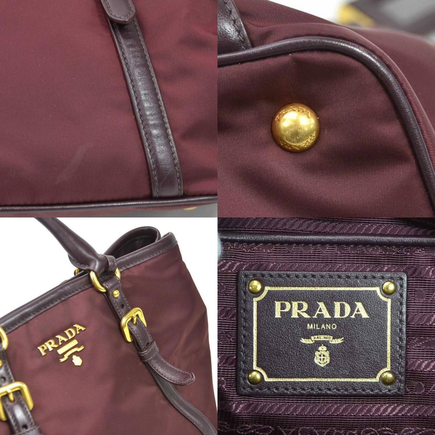 Prada handbag logo nylon/leather burgundy gold ladies