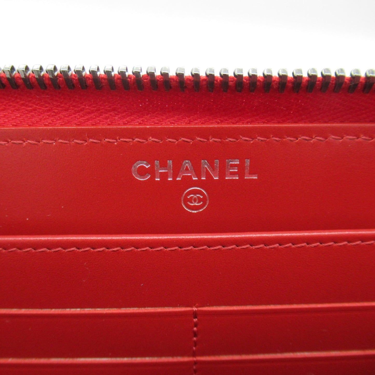 CHANEL Cocoboy cross stitch round long wallet Red leather