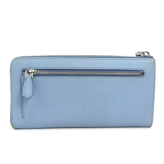 PRADA L-shaped zipper long wallet logo ribbon leather light blue silver ladies