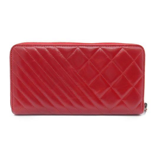 CHANEL Cocoboy cross stitch round long wallet Red leather