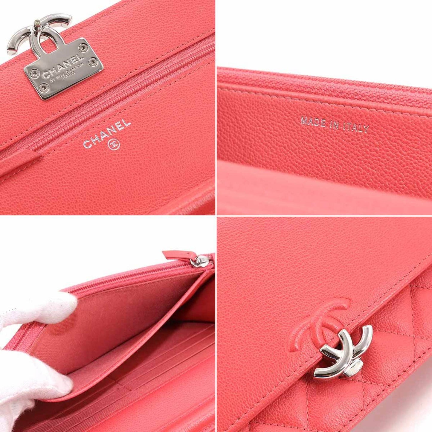 Chanel chain wallet folio long leather pink here mark silver metal fittings Chain Wallet