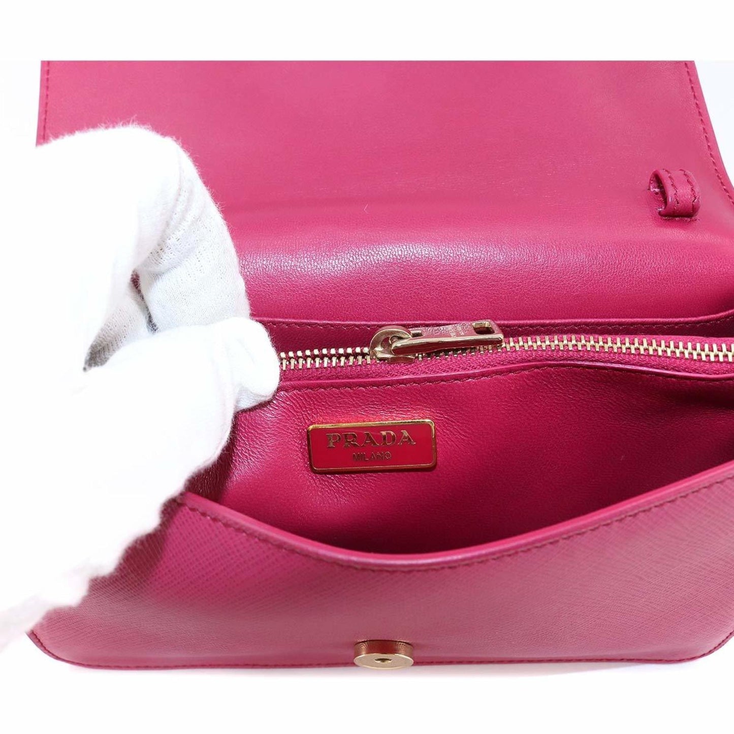 PRADA Saffiano Shoulder Wallet Long Leather Pink BT1009 Gold Metal Fittings Ribbon