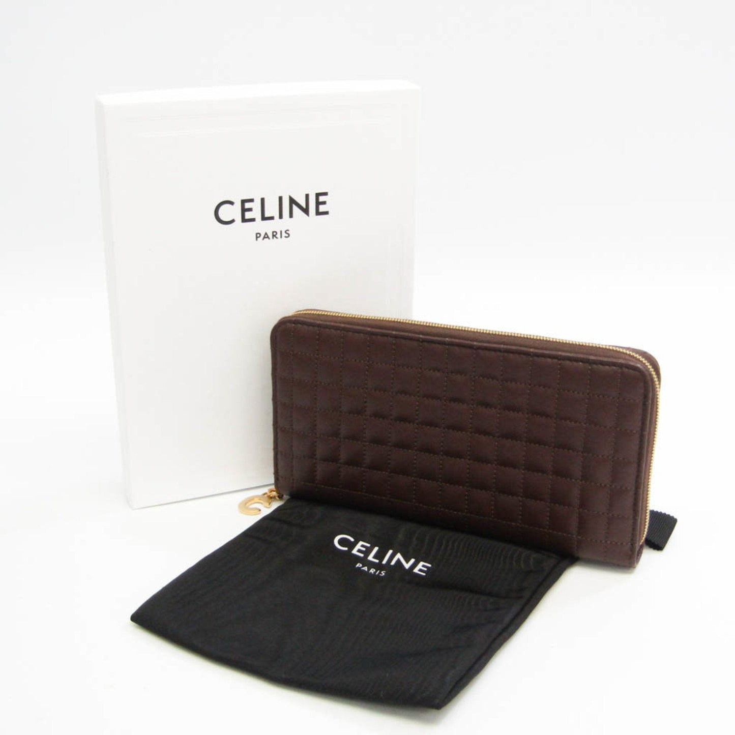 Celine Round Fastener Quilting With C Charm 10B553BFL Women's Leather Long Wallet [bi-fold] Dark Brown