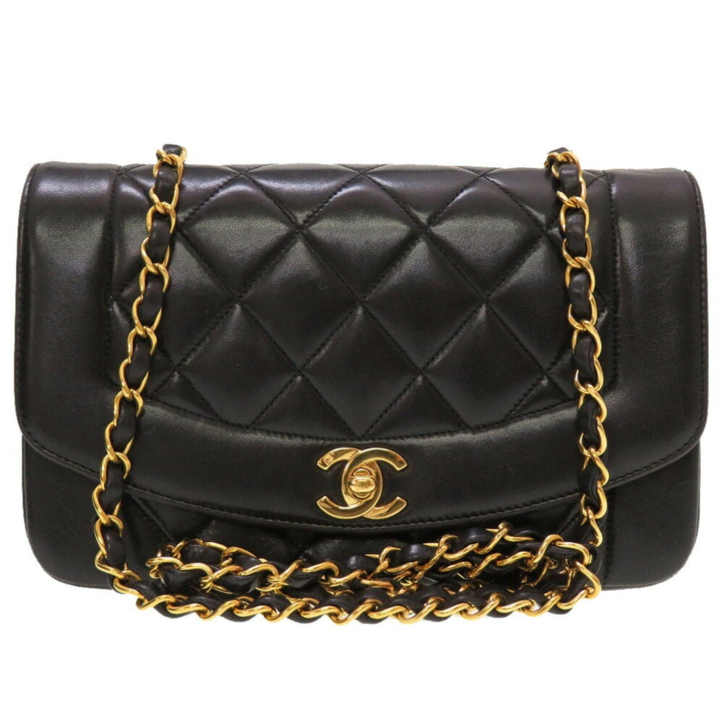 CHANEL Diana 22 Small Matelasse Lambskin Black Gold Chain Shoulder Bag No. 3 Coco Mark Turnlock