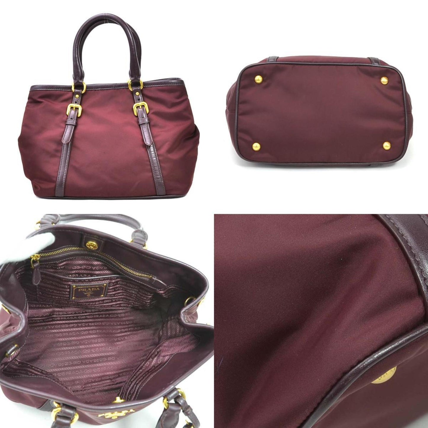 Prada handbag logo nylon/leather burgundy gold ladies