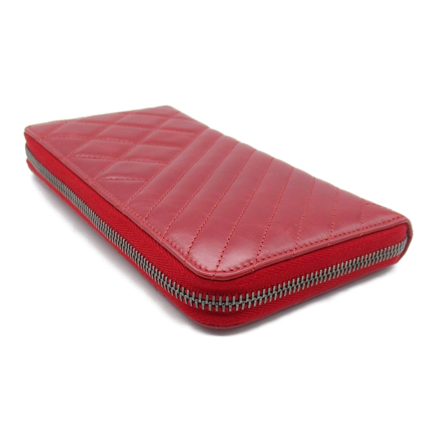 CHANEL Cocoboy cross stitch round long wallet Red leather