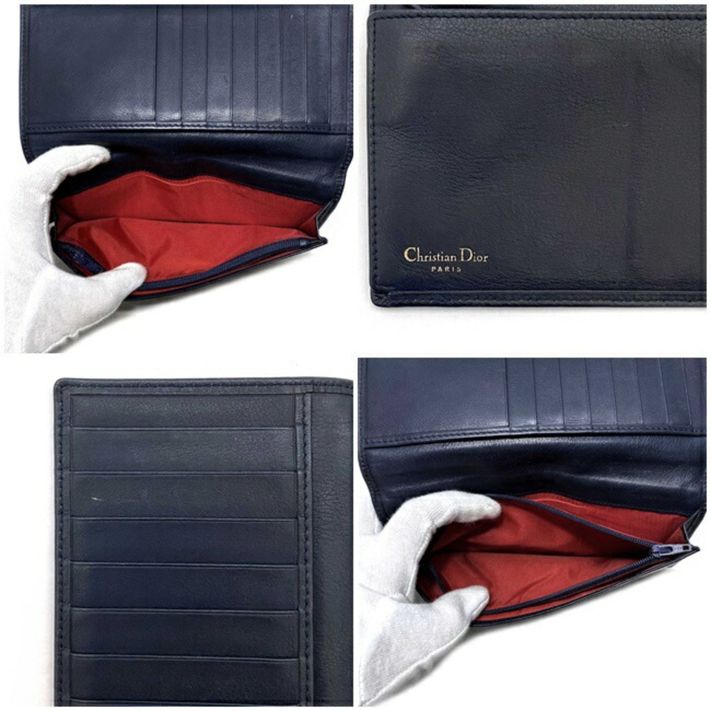 Christian Dior Folio Long Wallet Navy Leather Women's Dark Blue