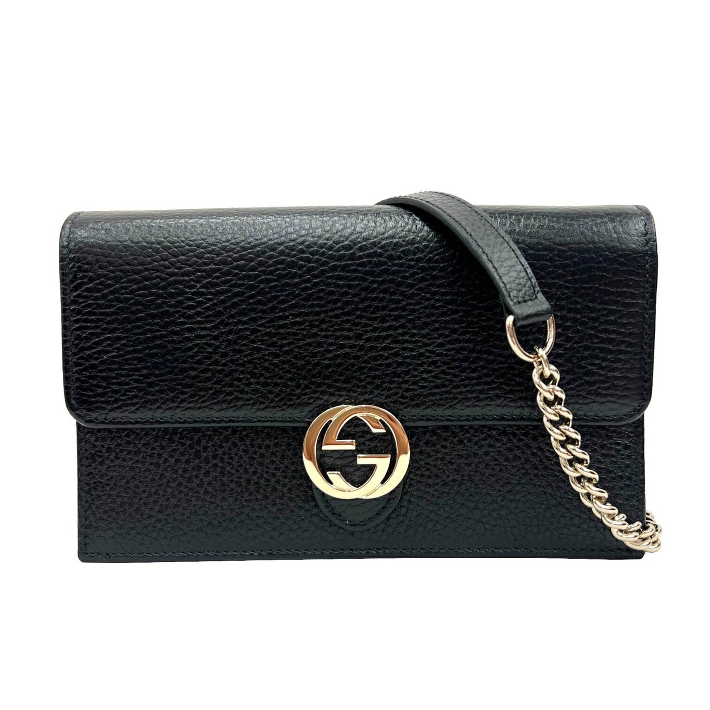 GUCCI Interlocking G Chain Shoulder Bag Long Wallet Clutch Calfskin Leather Black 615523