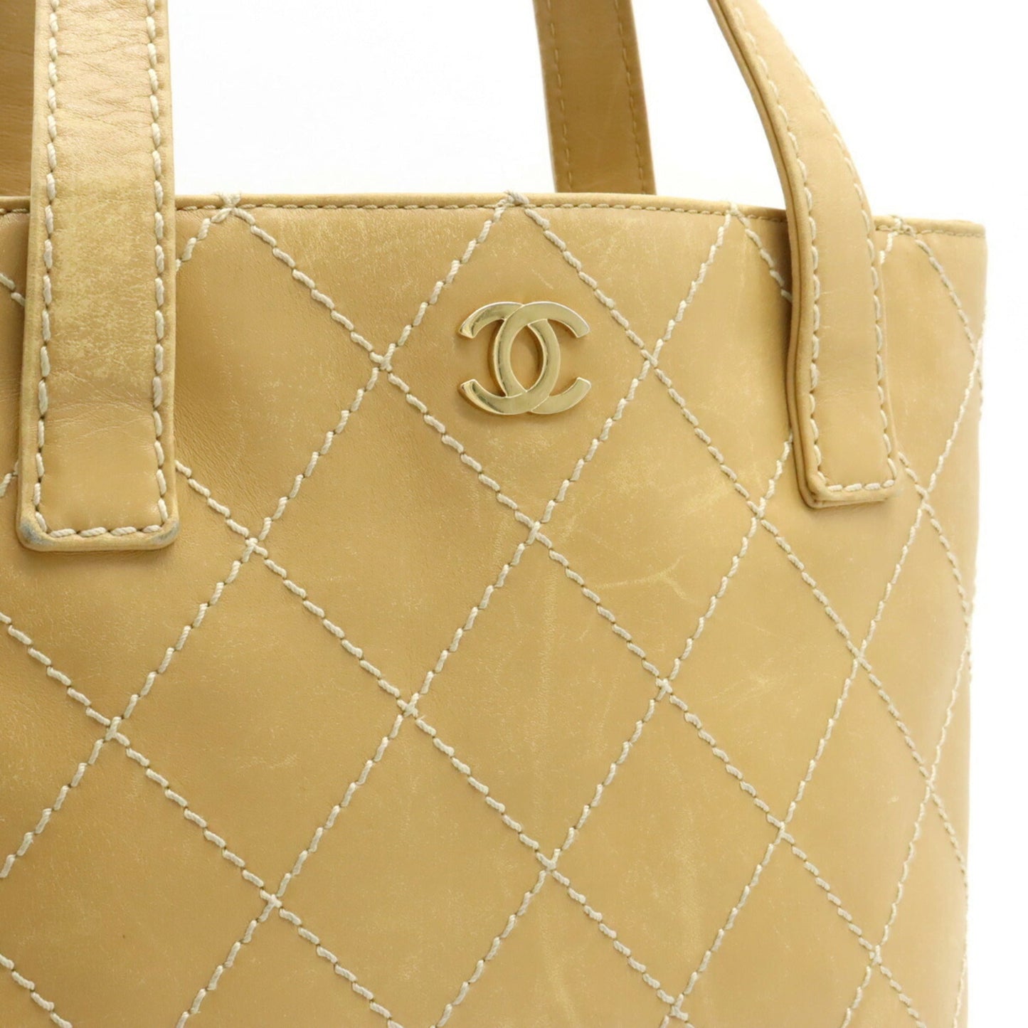 CHANEL Wild Stitch Coco Mark Handbag Tote Bag Leather Beige A18126