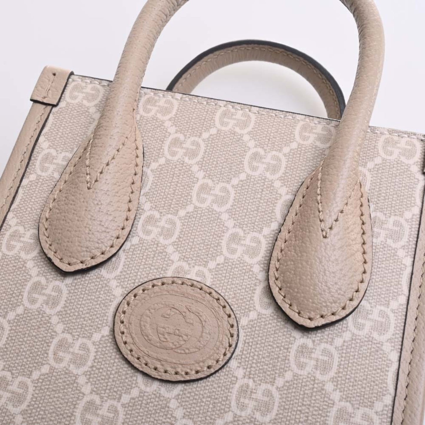 GUCCI Interlocking G GG Supreme Leather Tote Bag Shoulder 671623 Beige/White Women's