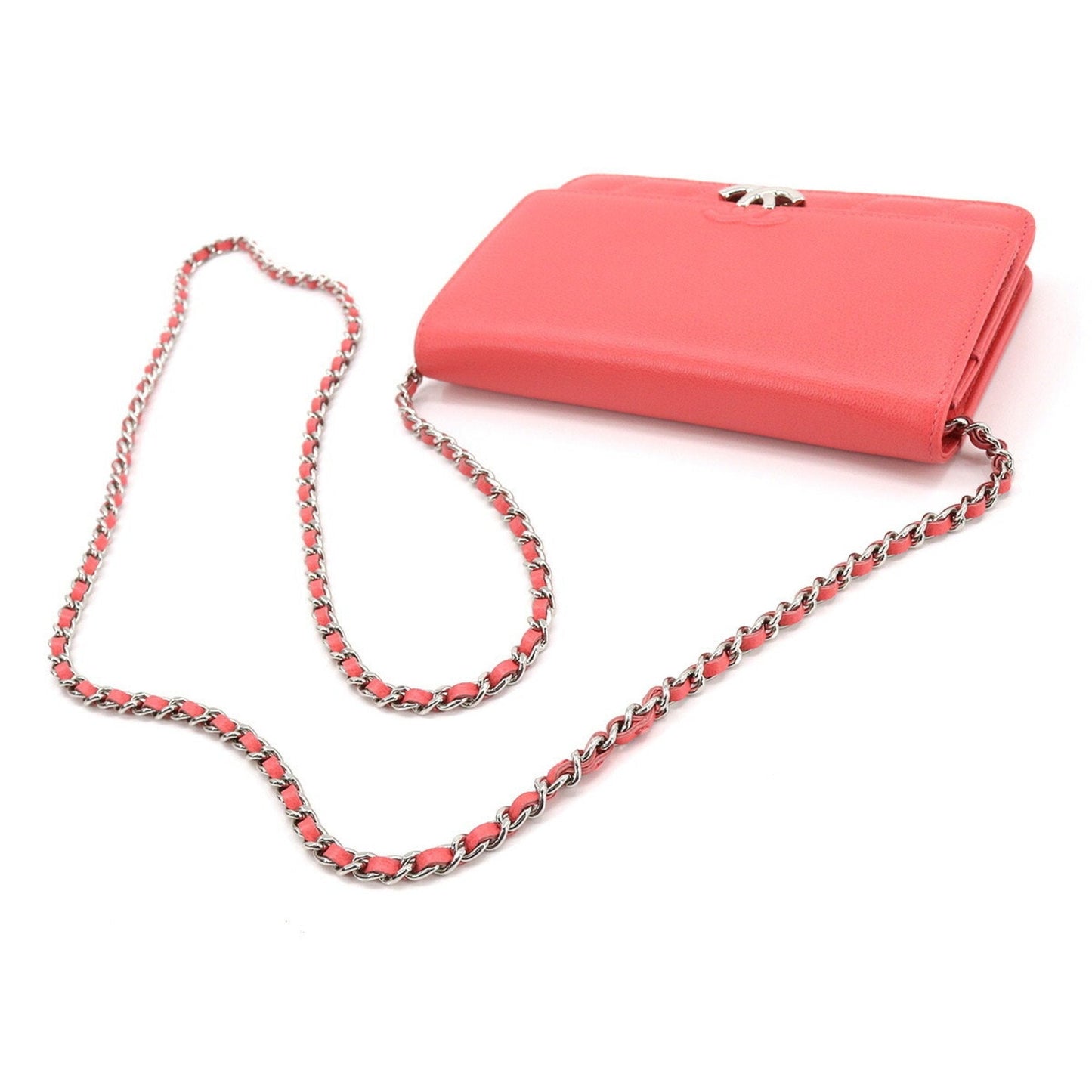 Chanel chain wallet folio long leather pink here mark silver metal fittings Chain Wallet