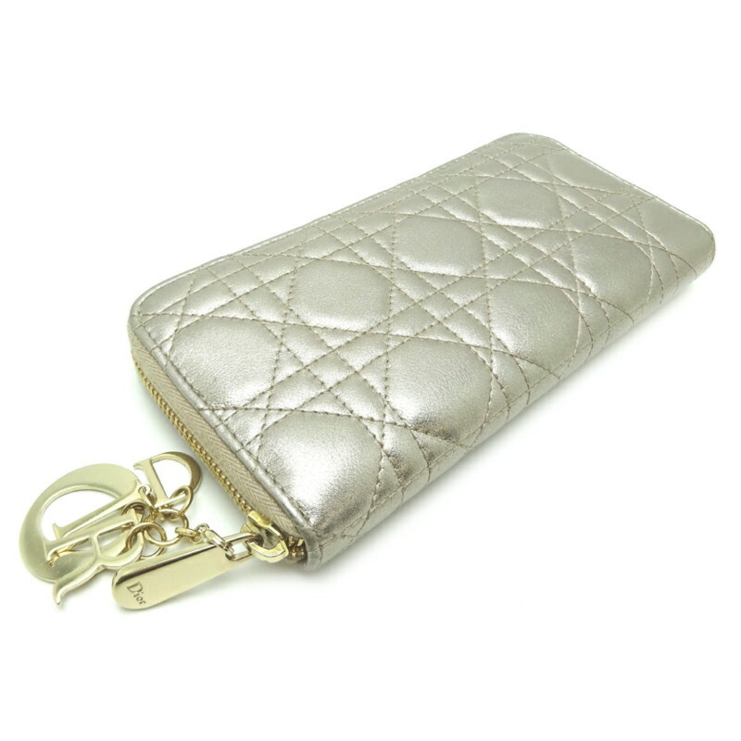 CHRISTIAN DIOR Round Wallet Women's Long 32-MA-1211 Lambskin Gold