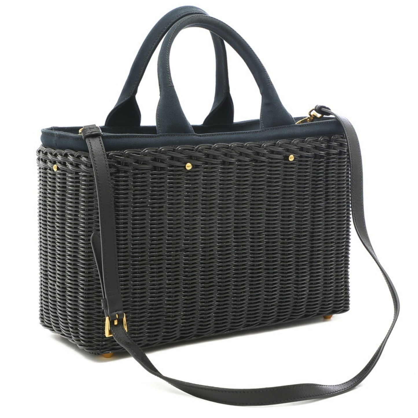 PRADA Basket Bag 2Way Rattan/Canvas Black/Navy BN2834