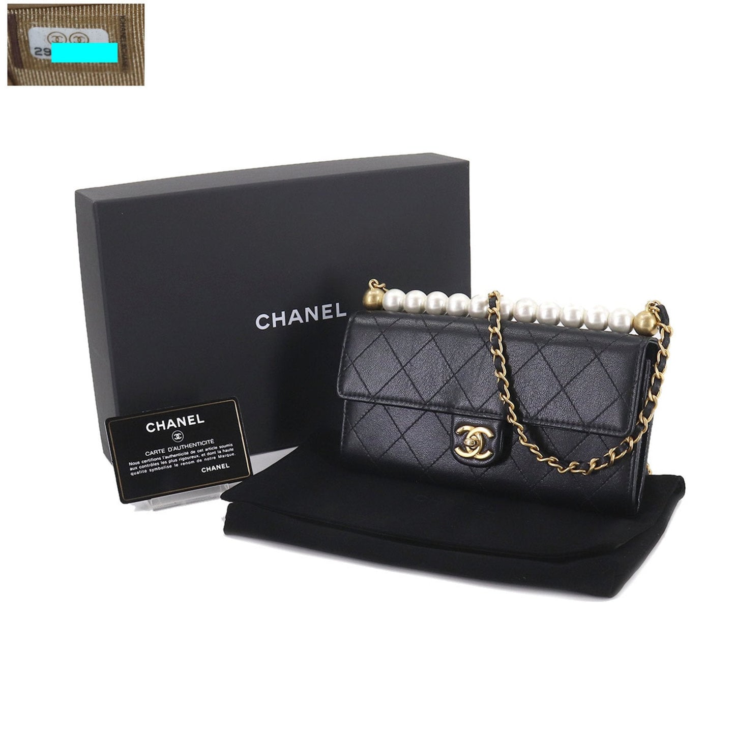 Chanel matelasse chain wallet long fake pearl leather black AP1001 gold metal fittings Chain Wallet