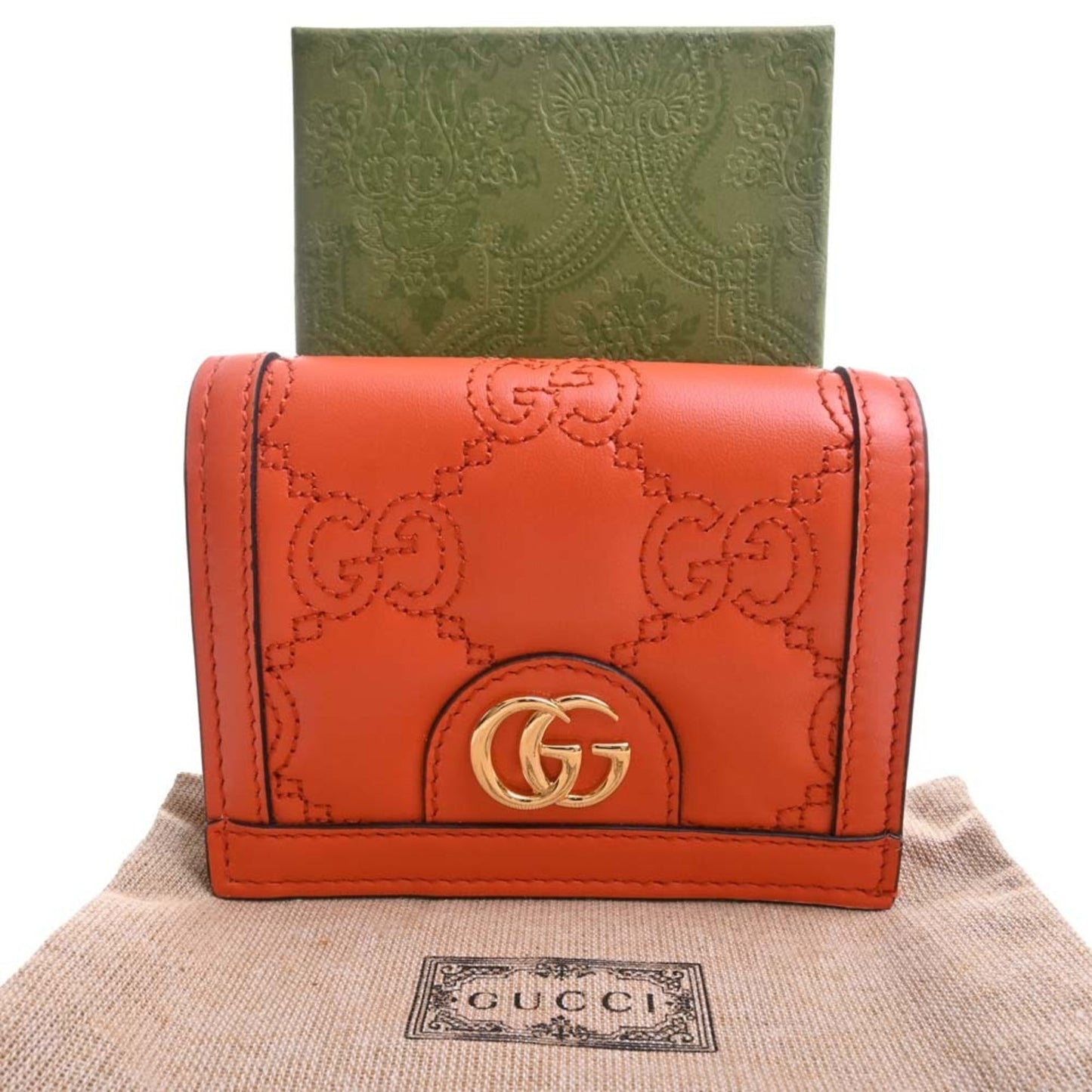 GUCCI GG Matelasse Leather Card Case Bifold Wallet 723786 Orange Ladies