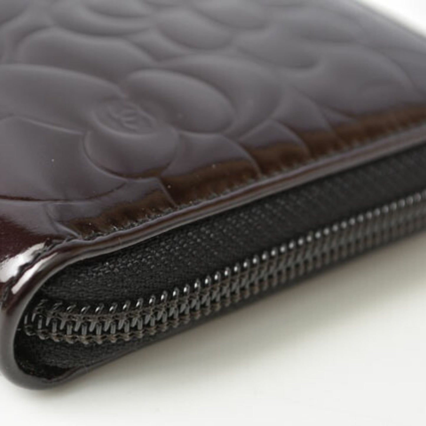 CHANEL long wallet round camellia A50085 dark brown silver