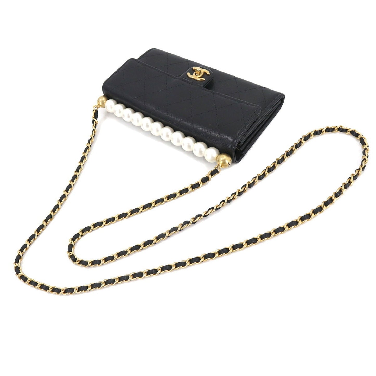 Chanel matelasse chain wallet long fake pearl leather black AP1001 gold metal fittings Chain Wallet