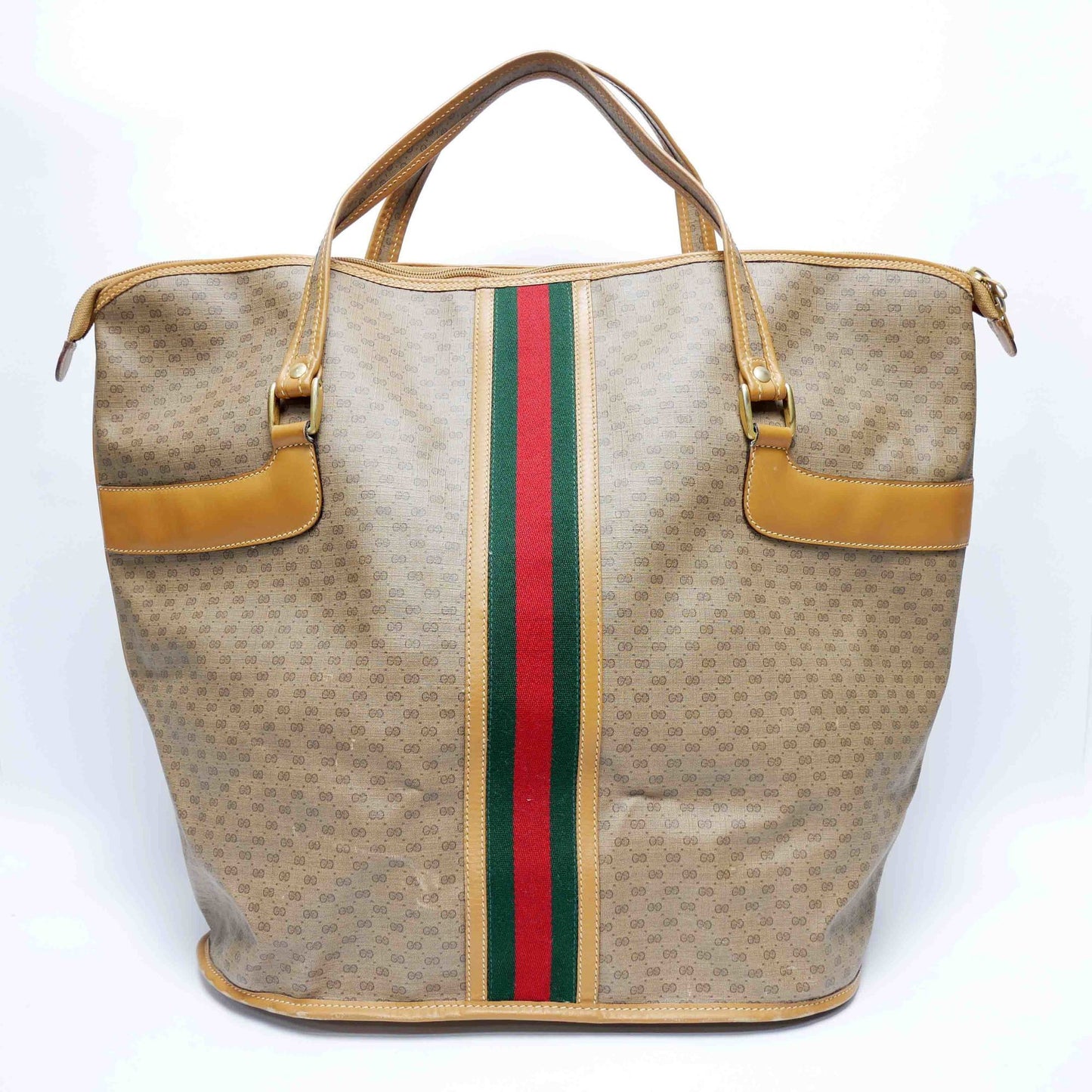 Gucci Old Gucci Vintage Large Tote Bag Boston Travel Unisex 1980s 80s Sherry Line Micro GG Pattern Capacity Leather Gold Hardware Beige Camel