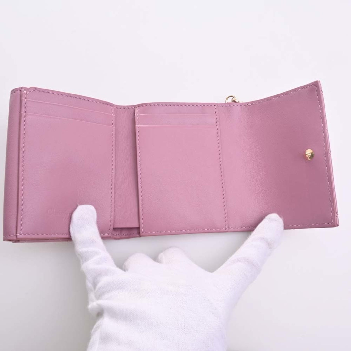 CHRISTIAN DIOR Lady Cannage Patent Lotus Trifold Wallet Pink Ladies