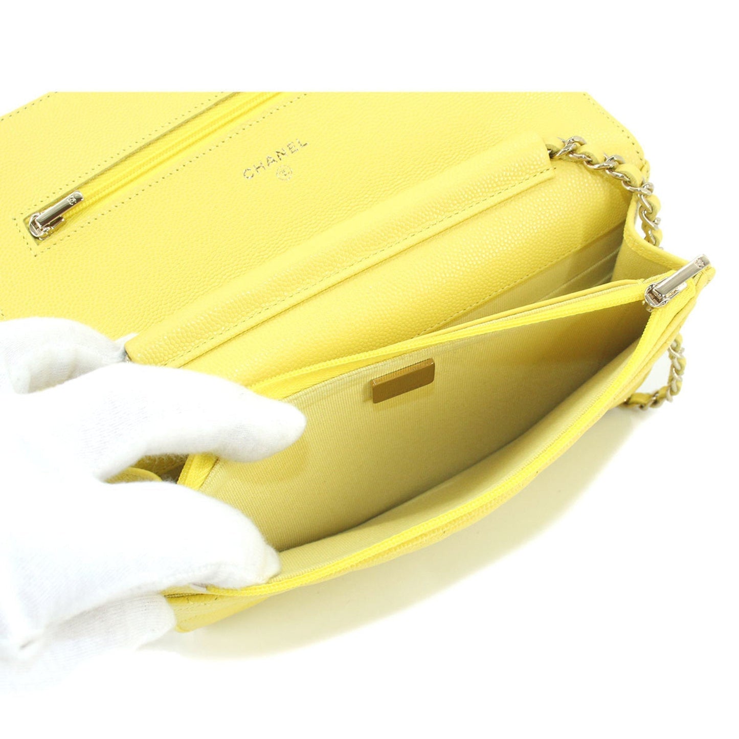 Chanel matelasse chain wallet long caviar skin yellow A33814 gold metal fittings