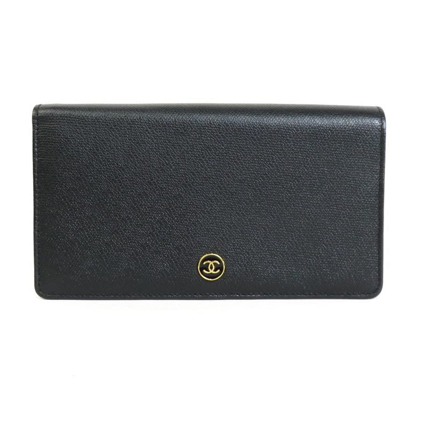 CHANEL folio long wallet coco button leather black ladies